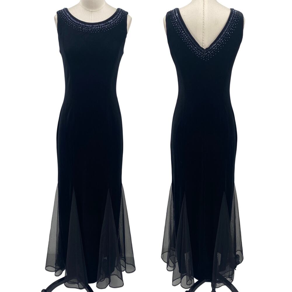 Vintage Y2k Velvet Gown Sleeveless Beaded Bateau Neck Mesh Godets Black Womens 4